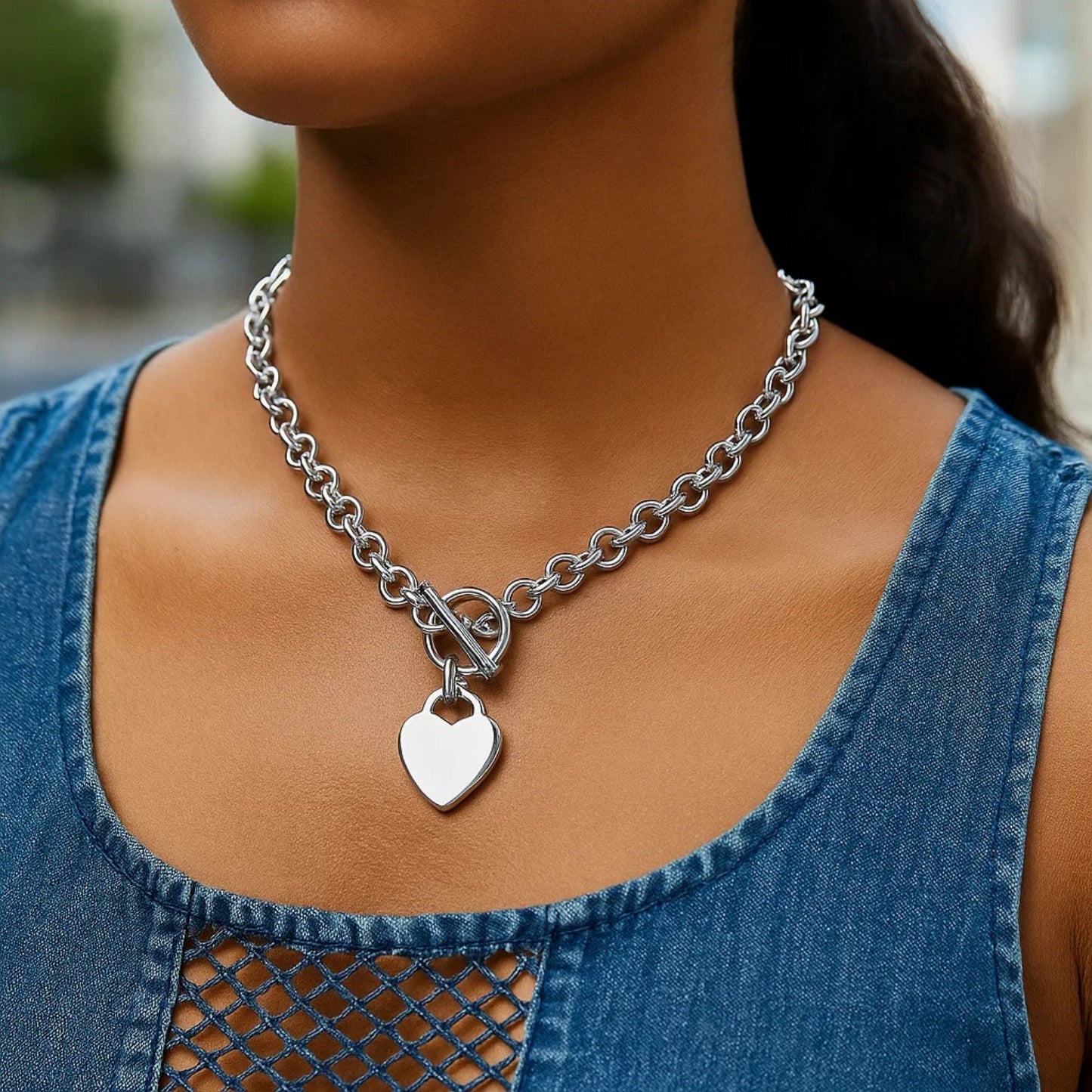 Sterling Silver Rolo Chain with a Heart Toggle Charm and Rhodium Plating