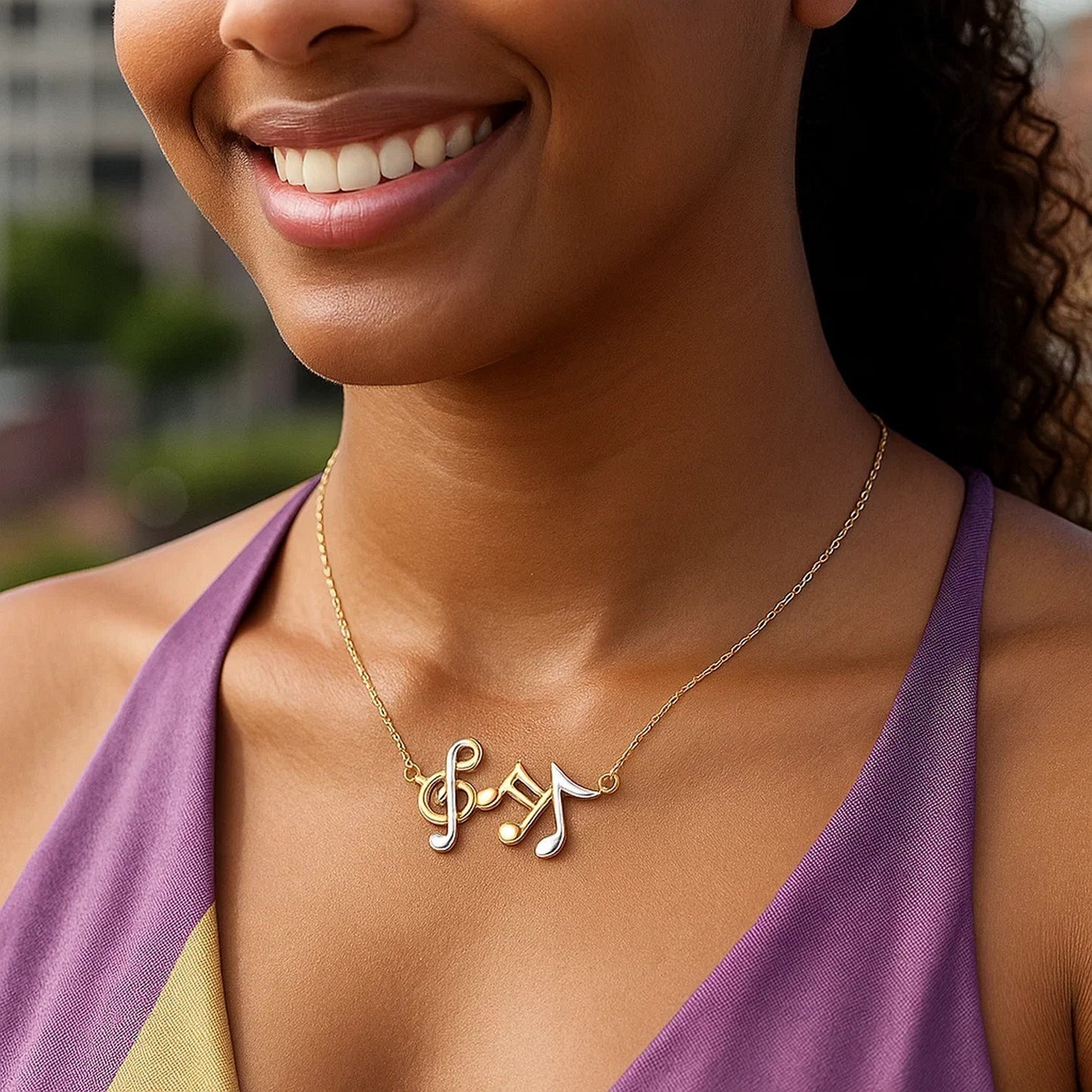 14k Two-Toned Yellow and White Gold Musical Notes Necklace