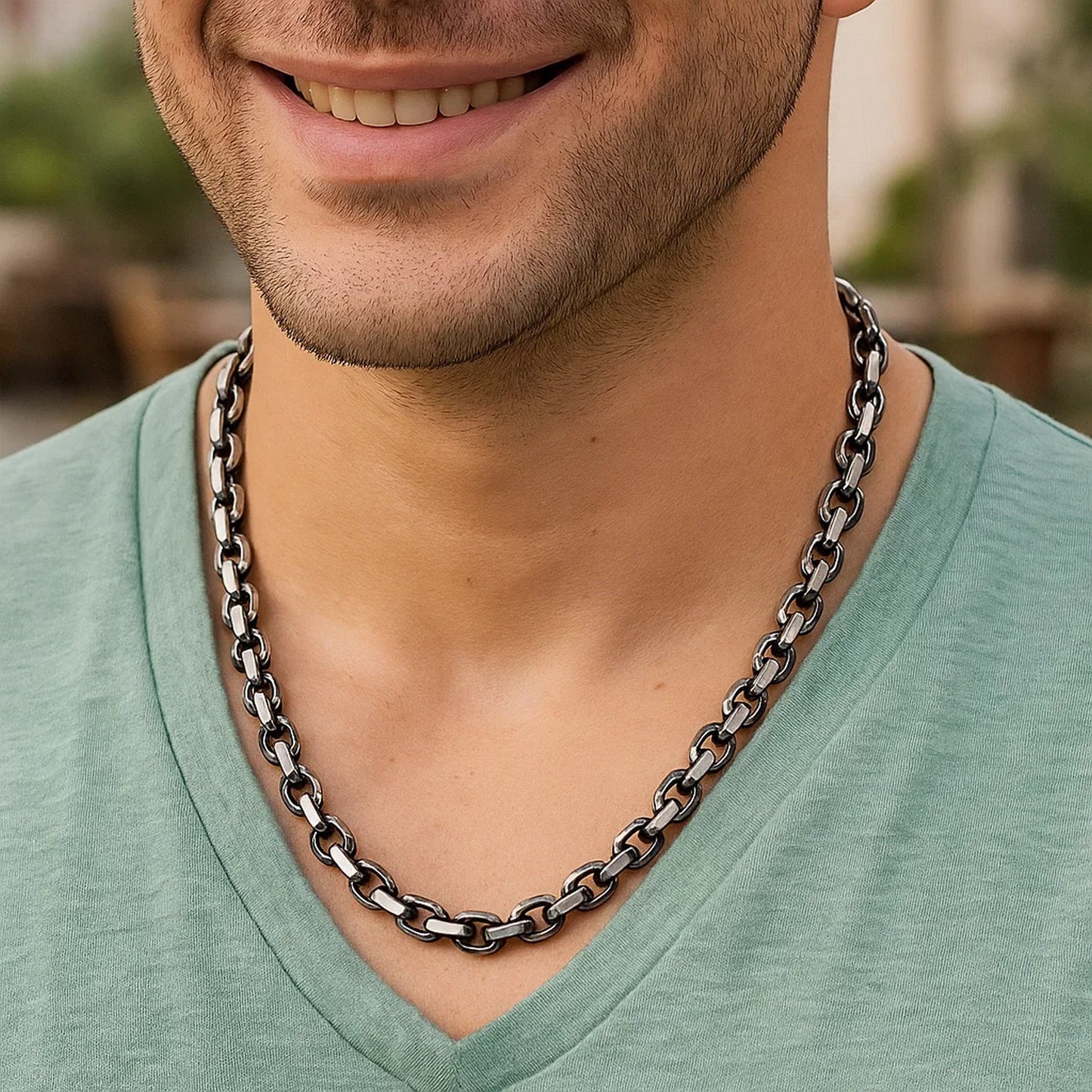 Sterling Silver Gunmetal Finish Oval Link Necklace