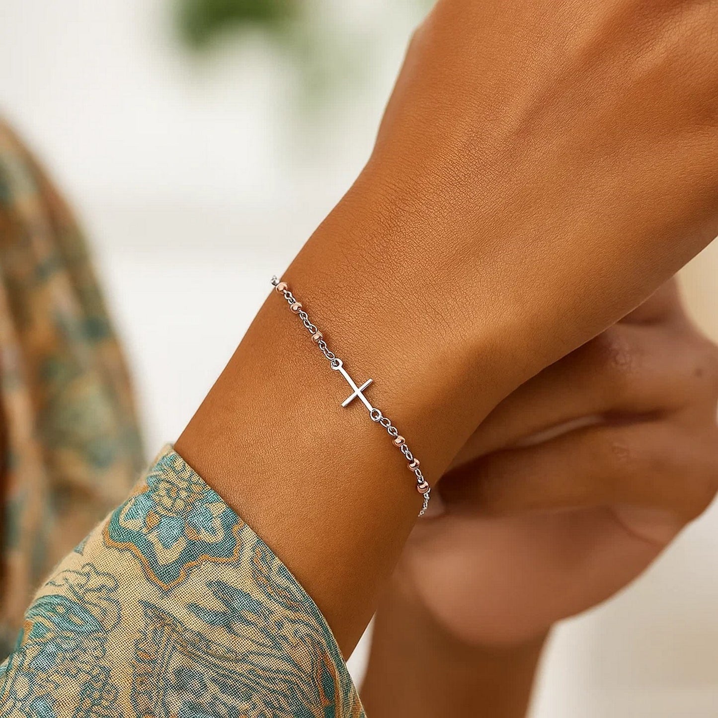 Sterling Silver White and Rose Finish Adjustable Bracelet with Cross (1.20 mm)