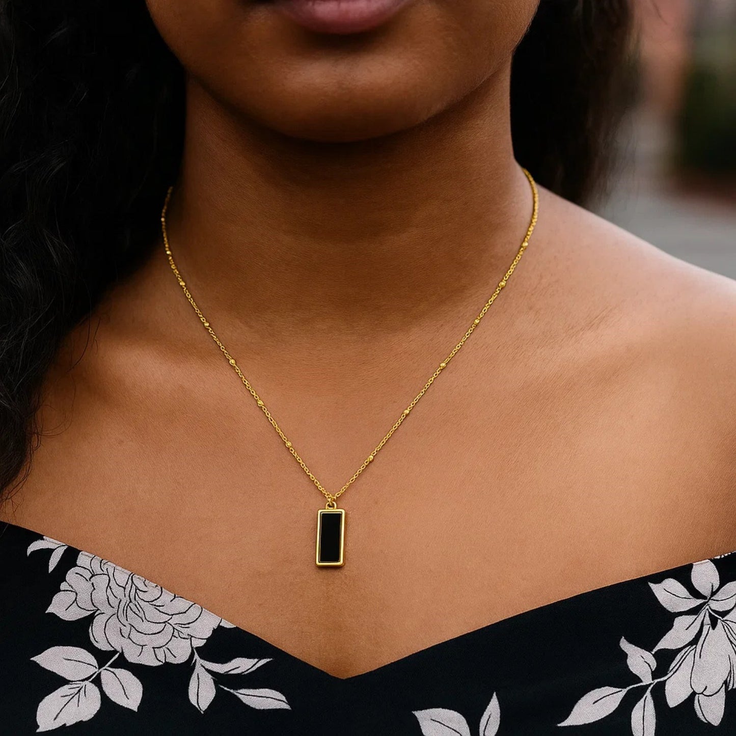 Onyx Geometric Rectangle Necklace in 14K Yellow Gold