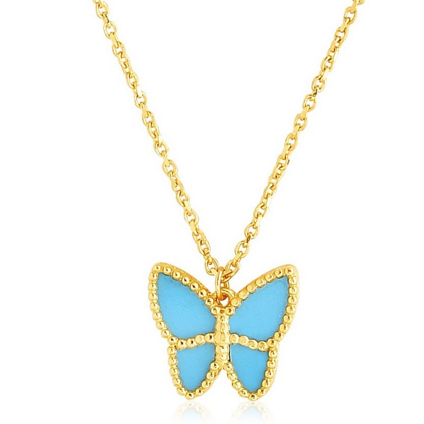 14k Yellow Gold High Polish Butterfly Turquoise Paste Necklace