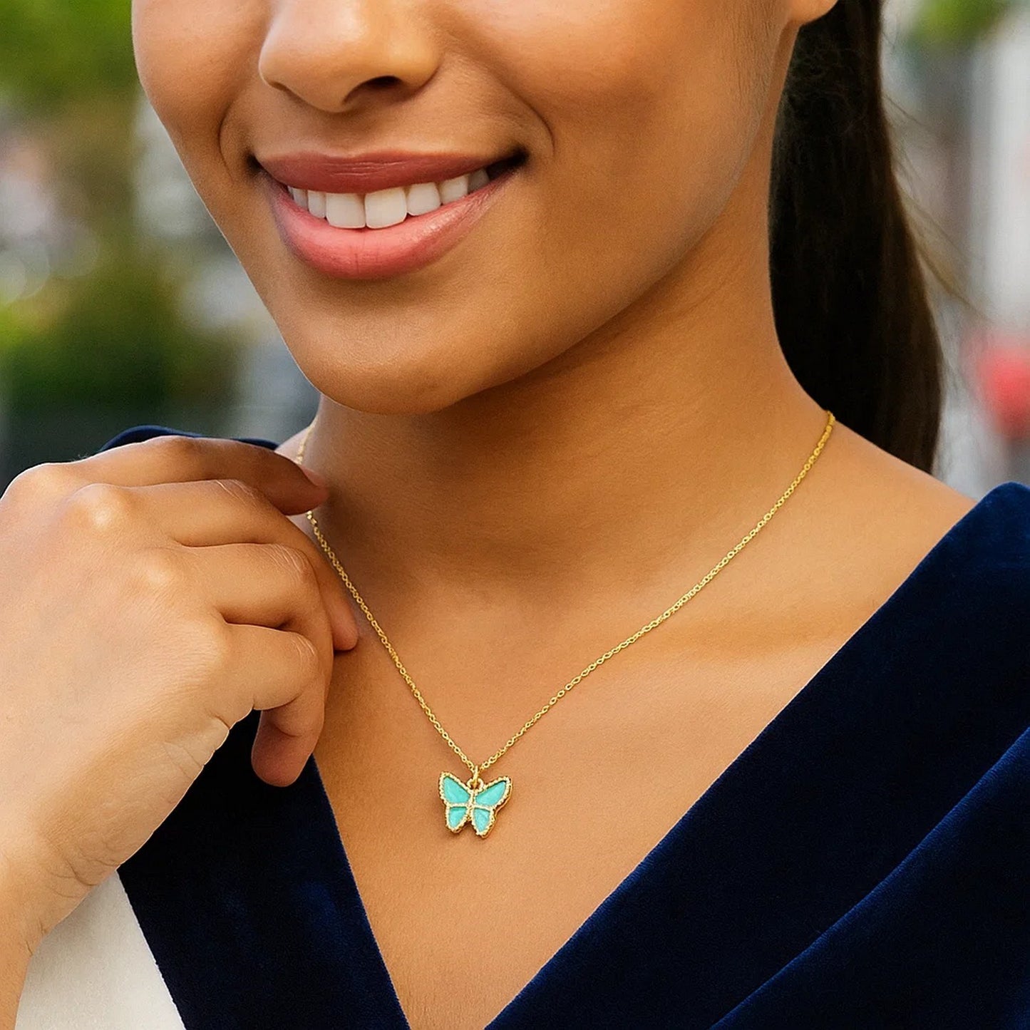 14k Yellow Gold High Polish Butterfly Turquoise Paste Necklace