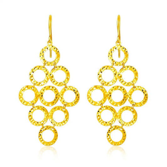 14k Yellow Gold Earrings with Textured Open Circle Motifs