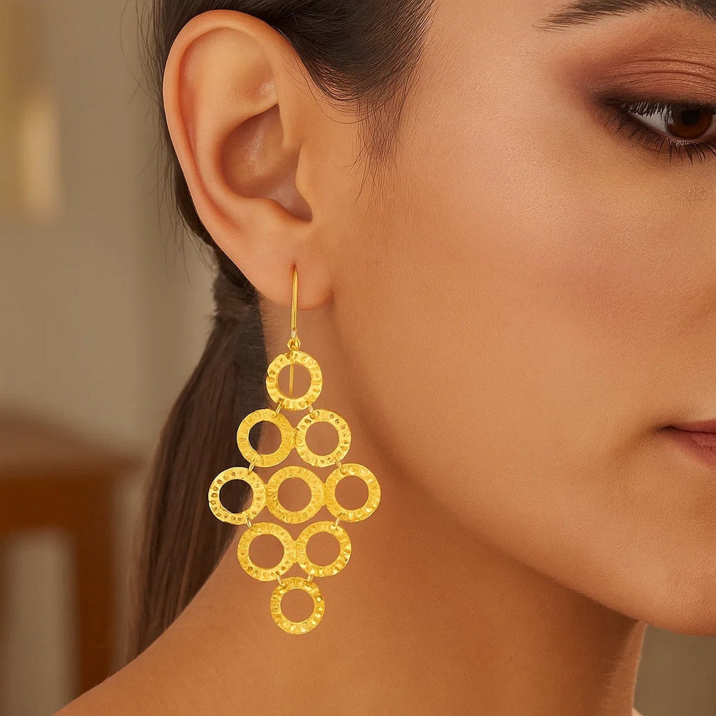 14k Yellow Gold Earrings with Textured Open Circle Motifs