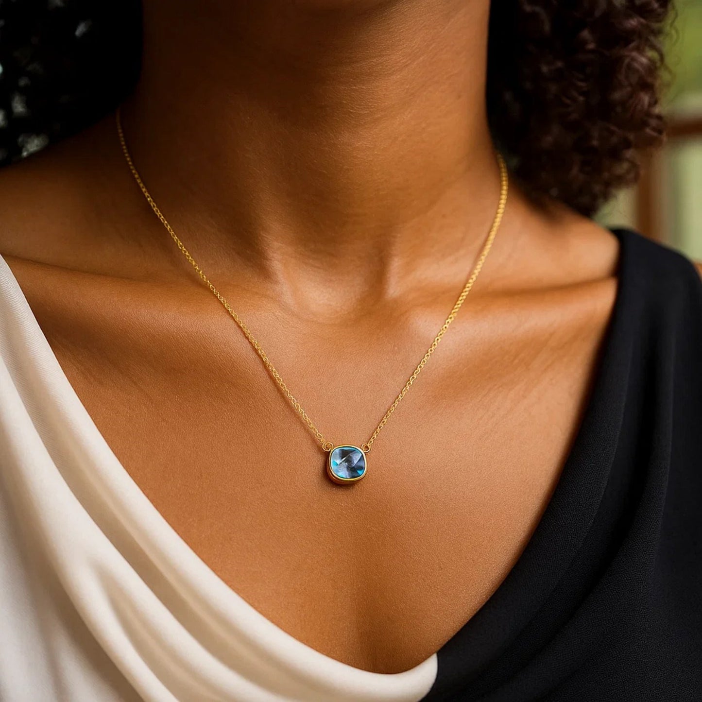 14k Yellow Gold 17 inch Necklace with Cushion Blue Topaz