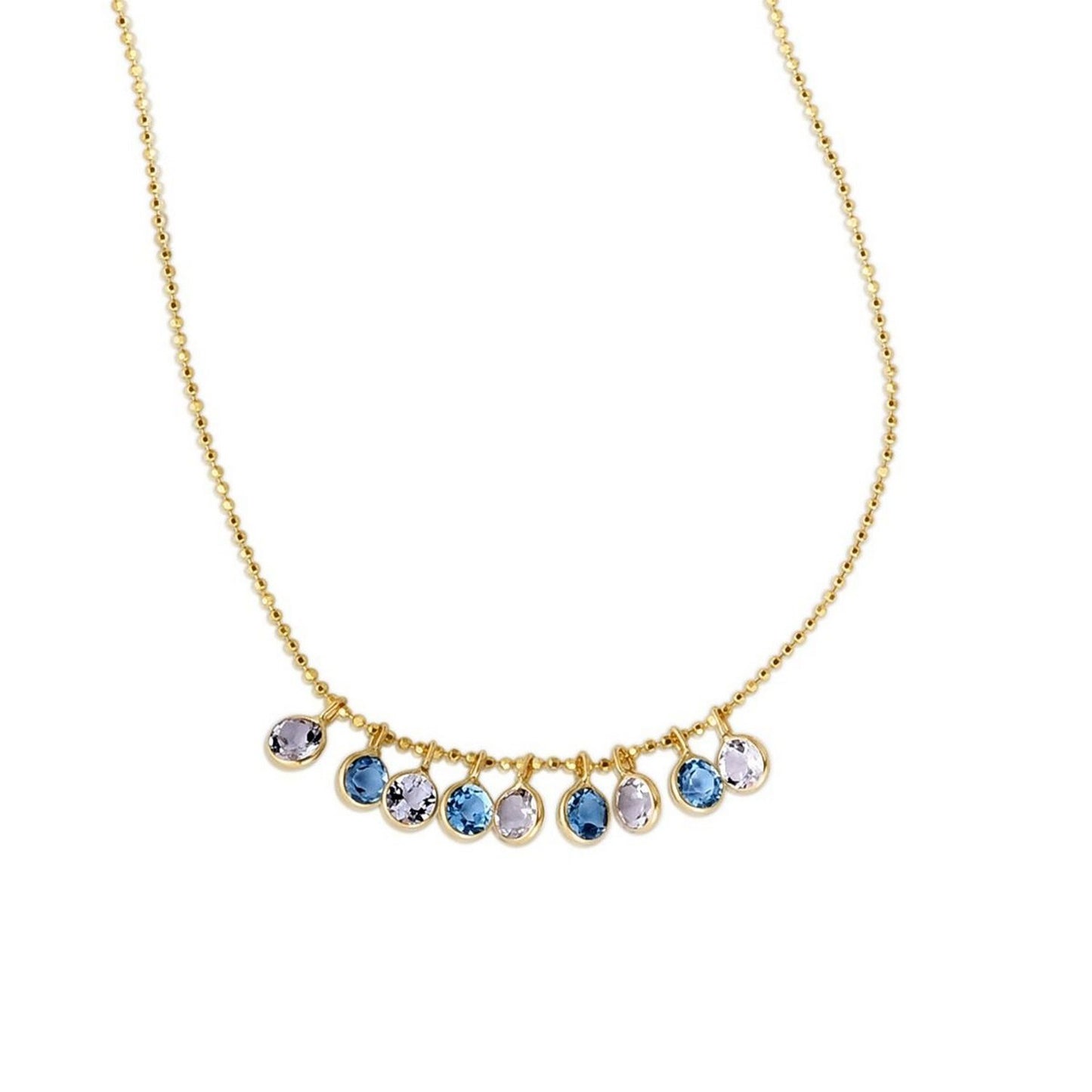14K Yellow Gold Blue And White Topaz Dancing Drop Necklace