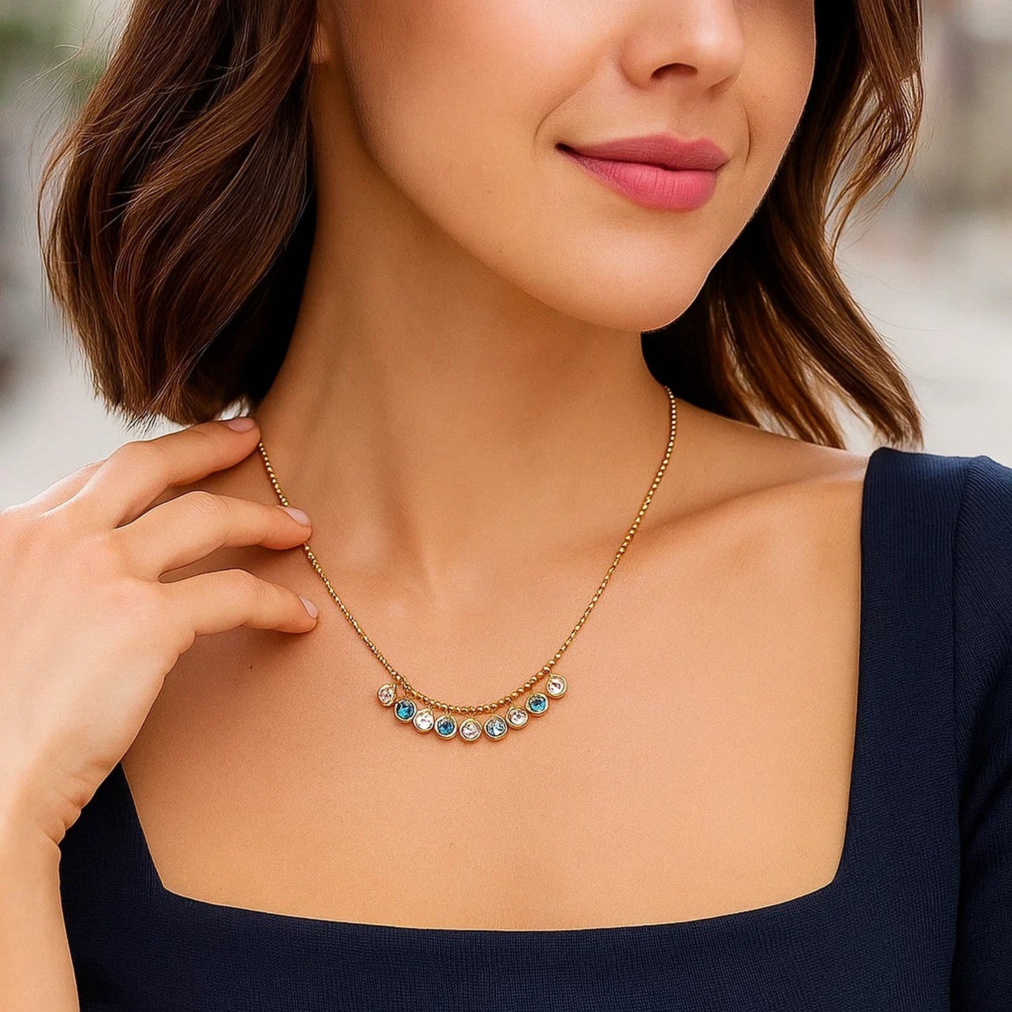 14K Yellow Gold Blue And White Topaz Dancing Drop Necklace