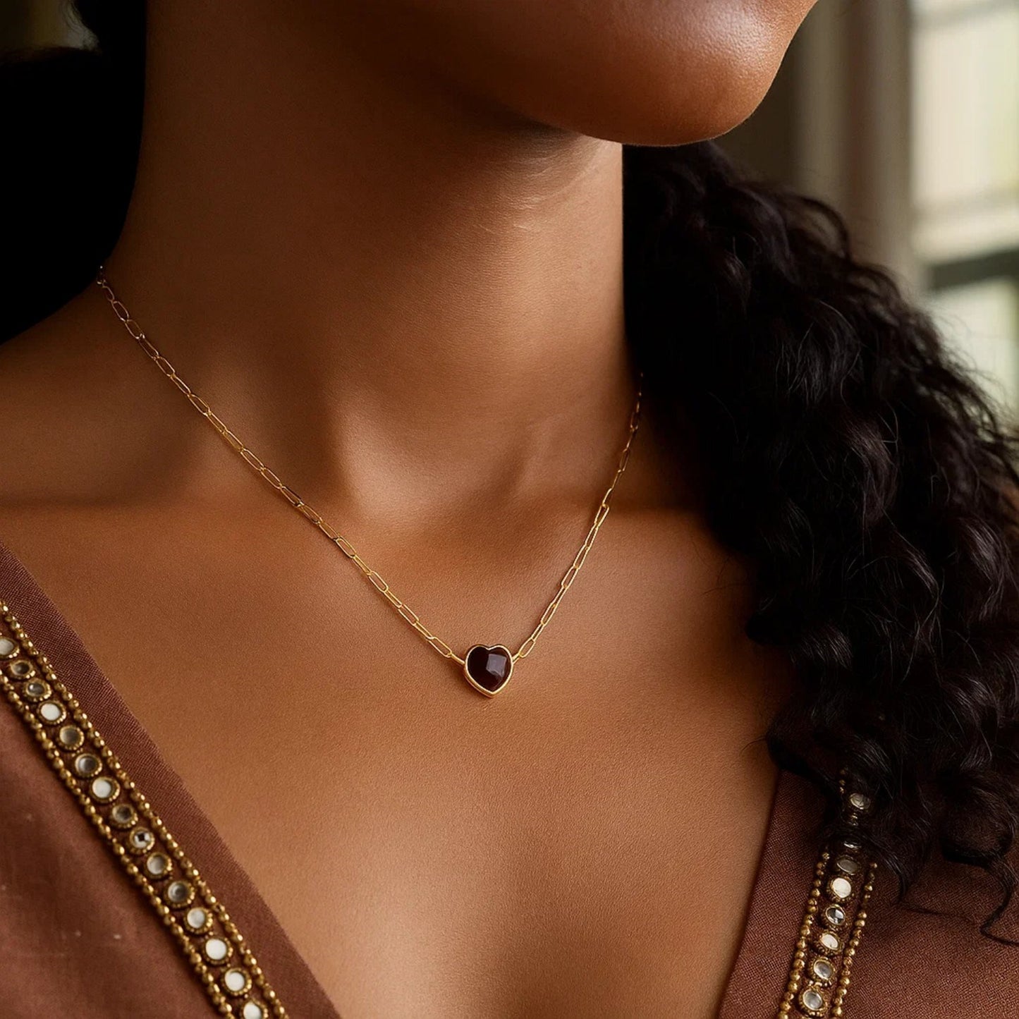 14K Yellow Gold Garnet Heart Necklace (1.50 mm)