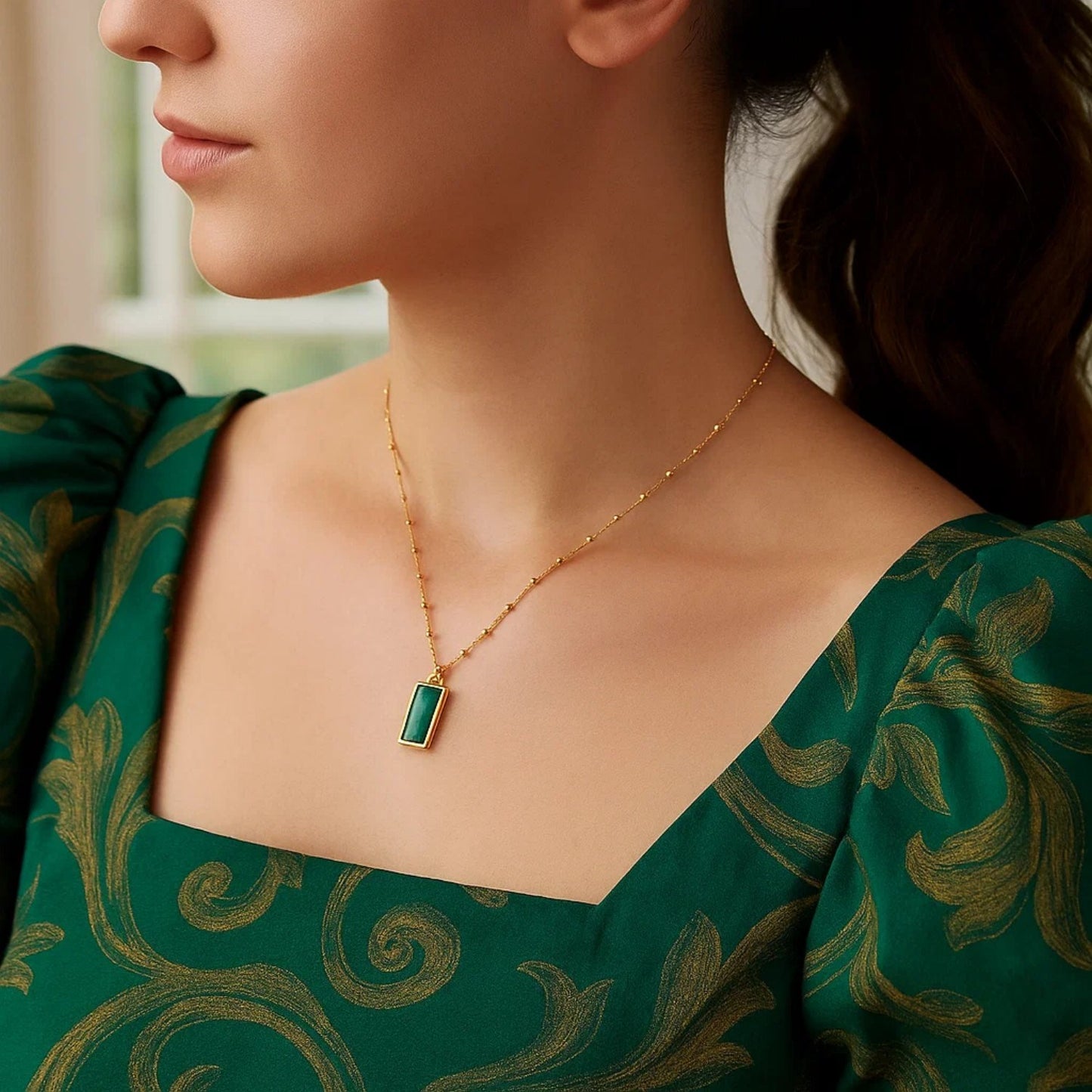 Malachite Geometric Rectangle Necklace in 14K Yellow Gold