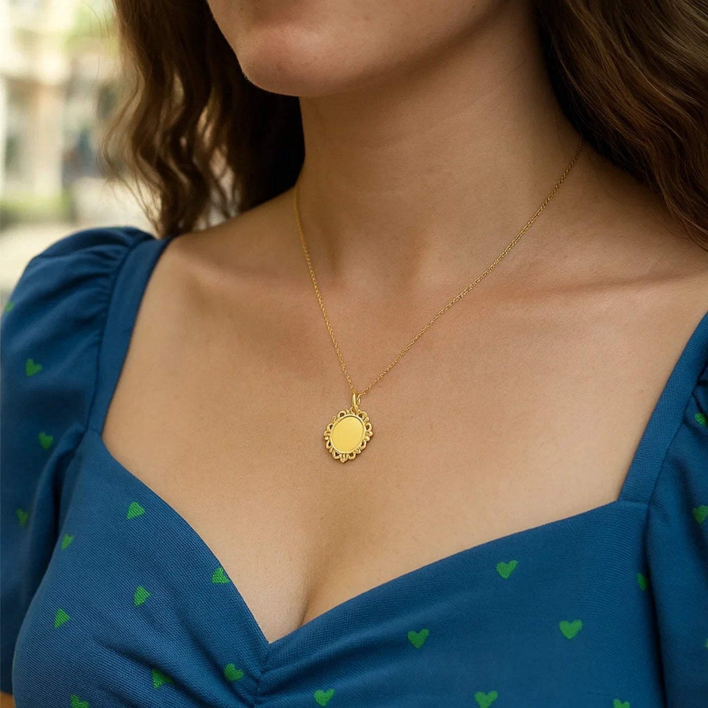 Baroque Round Pendant and Necklace in 14K Yellow Gold