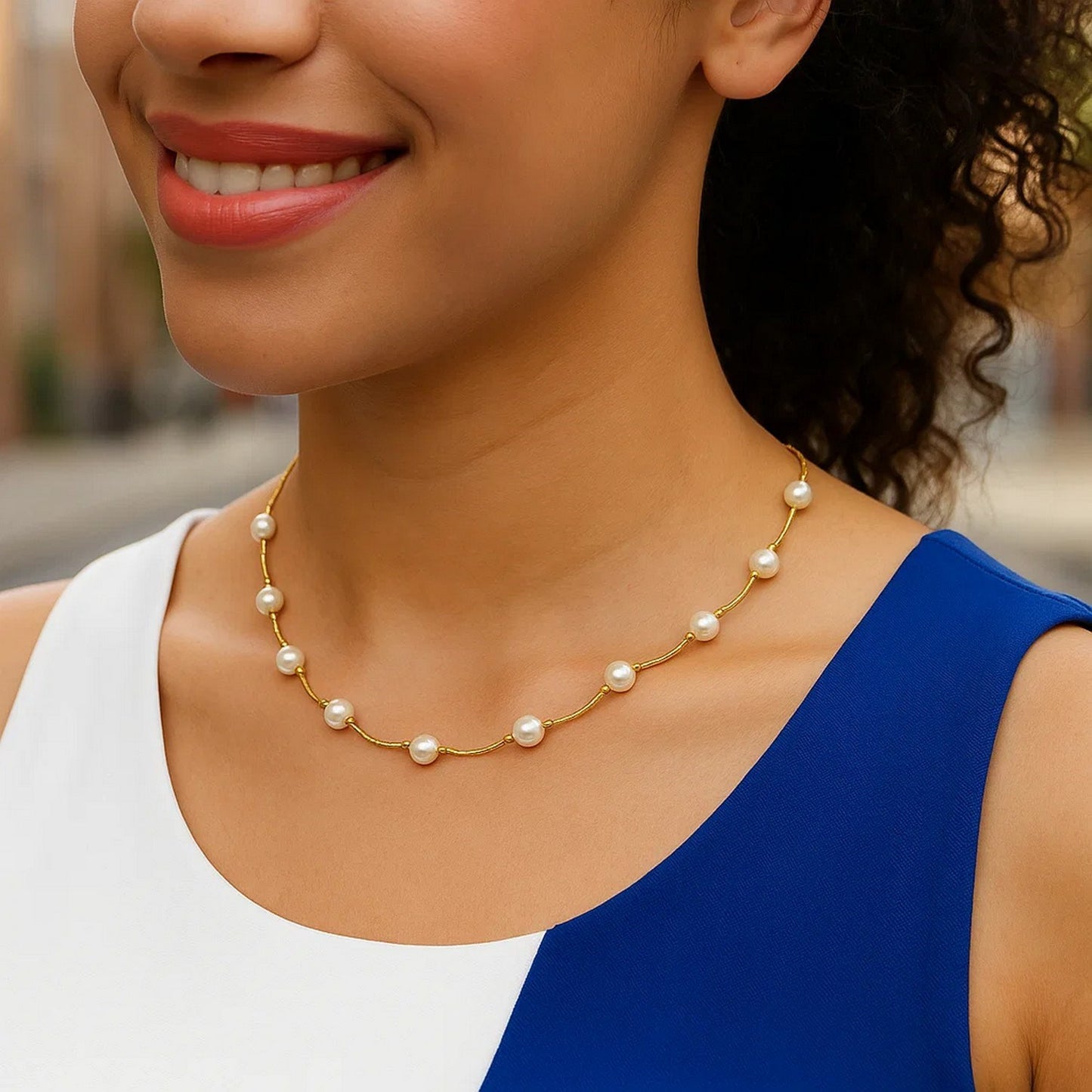 14k Yellow Gold Arc Link Necklace with White Pearls