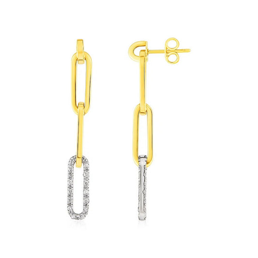 14k Yellow Gold Paperclip Chain Dangle Earrings with Diamonds