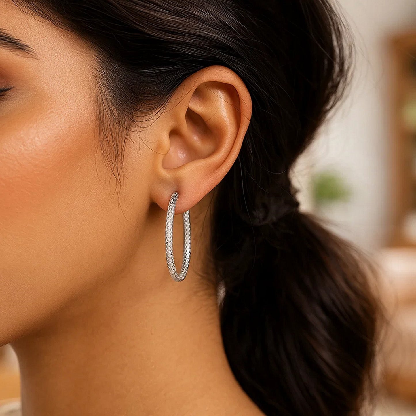 Sterling Silver Large Hoop Earrings with Braid Texture(3x35mm)