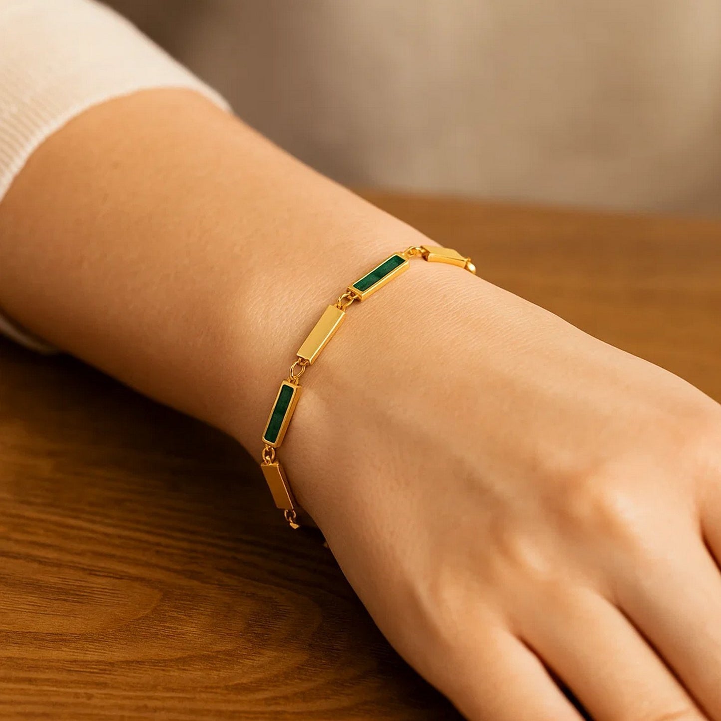 14K Yellow Gold Malachite Rectangle Links Bracelet (3.50 mm)