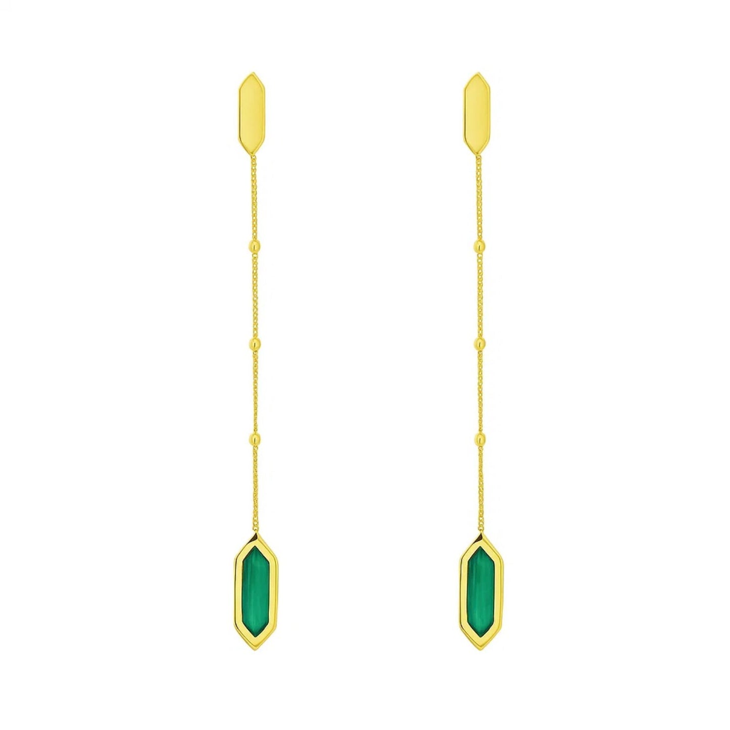 14K Yellow Gold Hexagon Malachite Drop Earrings