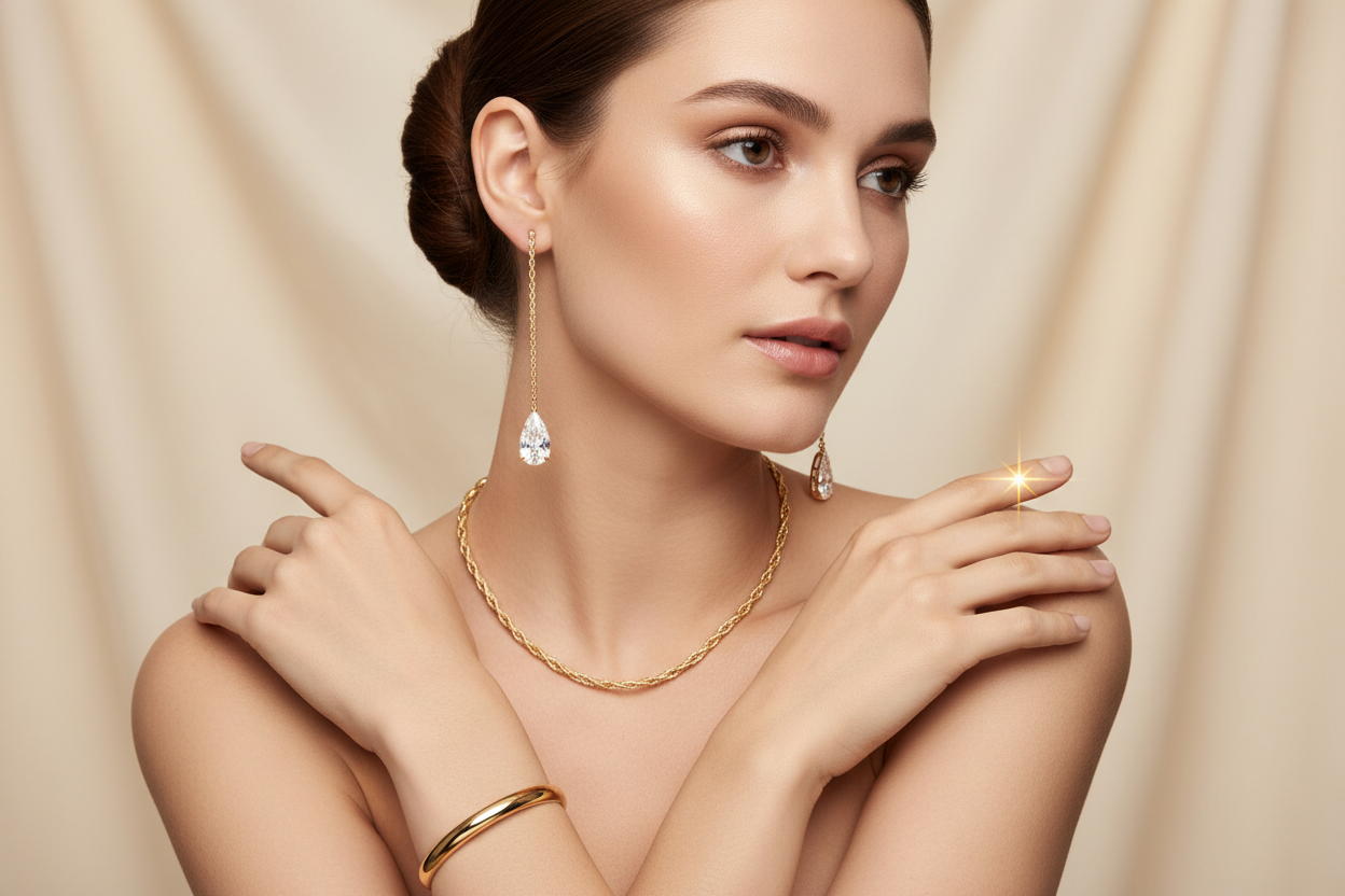 BEAUTIFUL MODEL WEARING A BEAUTIFUL GOLD CHAIN , GOLD BANGLE ANF SIMPLE LONG DIANOND EARRING